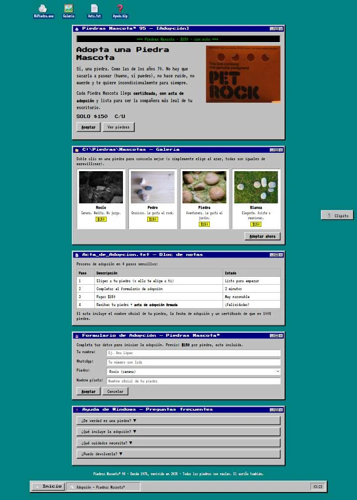 Piedras Mascota 95: a landing page made with Deckly as a Windows 95 desktop, with retro windows and a pet rock gallery